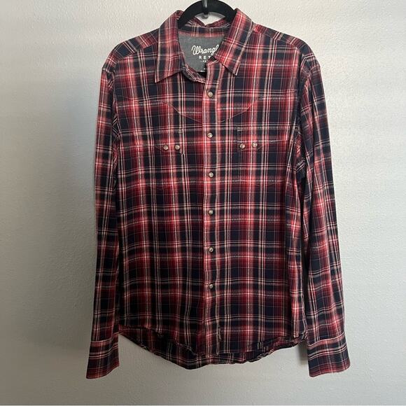 Wrangler Retro Western Shirt Red Blue Plaid Pearl Snap Button Long Sleeve size L - Picture 1 of 5